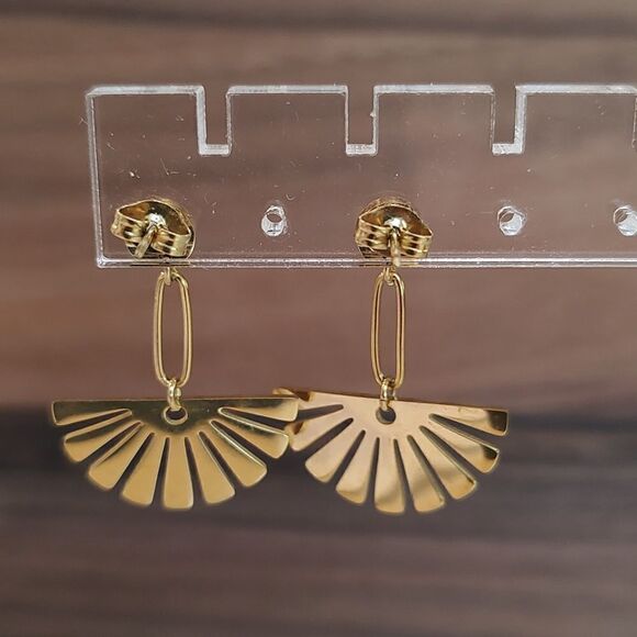 Gold Fan Drop Pierced Earrings - Picture 5 of 8